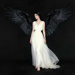 a beautiful woman in a long white dress with black wings and hooves instead of feet stands looking at me, chinese painting, high contrast, centered, 8 k, trending at artstation, black background