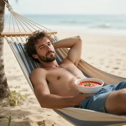a portrait of a man laying on a hammock by the beach with a bowl containing tomato soup, highly detailed, trending on artstation, bokeh, 9 0 mm, f / 1. 4