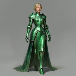 beautiful female dorothy gale, rebecca romijn as dorothy, full body character concept, covered in full emerald armor, armor plating, art nouveau, super powers, fantasy, intricate, elegant, highly detailed, digital painting, artstation, concept art, shining, sharp focus, illustration, art by stanley lau