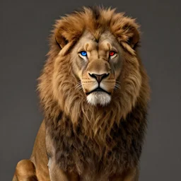 a handsome strong anthropomorphic male lion, with a thick long mane, and brown fur covering his whole body, blue right eye, red left eye, unreal engine, artstation