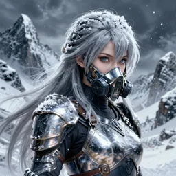 portrait of female ninja gaiden momiji, metalic frost cyber ninja respirator, stormy snowy fiji mountain, incredibly beautiful, armored, highly detailed, digital painting, final fantasy, behance contest winner, ultrafine illustrations by tian z and james jean, ayanamikodon and irakli nadar, global illumination, radiant light, detailed and intricate environment