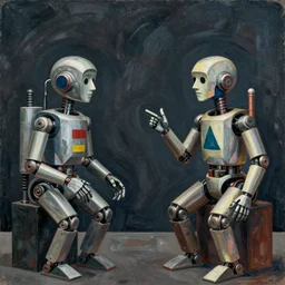 Two mechanical beings in a deep conversation. Dali. Paul Klee.