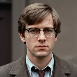 A photograph portrait of a young Bryan Cranston with short-medium length hair with bangs wearing late 1960s menswear and glasses in the late 1960s, taken in the early 1960s, grainy, taken on a 1960s Kodak Camera, realistic, hyperrealistic, very realistic, highly detailed, very detailed, extremely detailed, detailed, digital art, trending on artstation, colorized photo