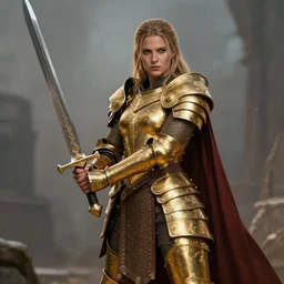 Full picture of barbarian woman in gold armour, holding a broadsword, high fantasy, trending on artstation, arstationhd, HD