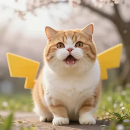 real life cat - like pokemon, cute!!!, heroic!!!, adorable!!!, playful!!!, chubby!!! fluffly!!!, happy!!!, cheeky!!!, mischievous!!!, ultra realistic!!!, spring time, slight overcast weather, golden hour, sharp focus