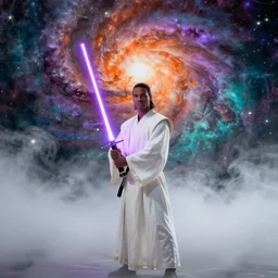 a single jedi in white robes holding a purple lightsaber, spirit plane of nebula and fog mist, orange purple turquoise by wayne barlowe, by james jean, by paul lehr, by michael whelan