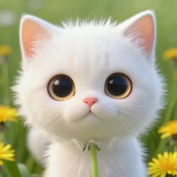 the dandelion as kitty with the big cute eyes looks so cute. detailed digital art by greg rutkowski, thomas kinkade and keith parkinson, artstation, cgsociety, 8 k, hd