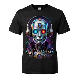 mockup of a black tshirt with a hyperdetailed portrait of a steampunk robot with headphones on lsd, 8 k, symetrical, flourescent colors, trippy mood, multicolored,
