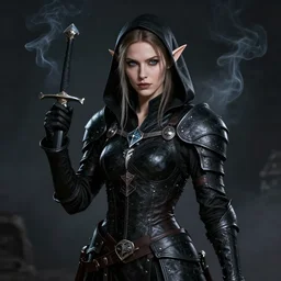 Portrait of a female Elf Rogue named \'Mistress of Death\', high fantasy, epic, black leather armor, detailed face, pretty, dagger, smoke, by artstation, trending, artstationHD, artstationHQ, cgsociety, octane, ultra HD, 8k