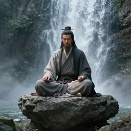 A wise swordsman sitting meditating on a stone of a shaolin temple mount with a waterfall behind, artstation, Greg rutkowski, cinematic, digital Art