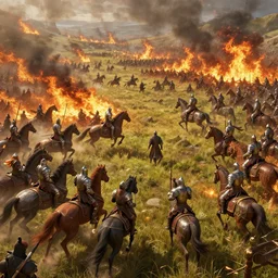 an imposing game scene cg design, many wearing armor warriors riding war horses on the battlefield to kill. ， the plains burning with the fire of war ， full of details, matte painting, concept art, smooth ， trending on cgsociety and blender ， unreal engine ， 8 khdr ， light effect ， rtx on ， - h 6 4 0