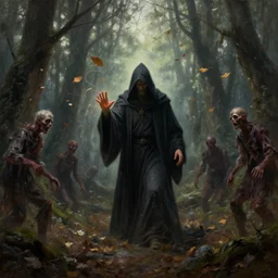 ''cinematic shot'' dark hooded mage using his magic to create zombies in the dead forest with leaves falling simetrical 8 k atmosferic realistic made by ivan aivazovsky, peter mohrbacher, greg rutkowski volumetric light effect broad light oil painting painting fantasy art style sci - fi art style realism premium prints available artwork unreal engine