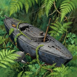 close - up broken collided flying ship taken by ferns and vines, highly detailed, sharp focus, matte painting, by studio ghibli, by giovani magana,