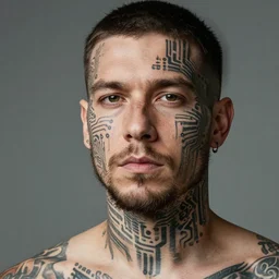 man with circuit-pattern tattoos on his face, HD