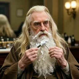Photo of Dumbledore shaving his beard at the barber shop, high quality