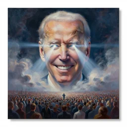 large abstract painting of giant grinning evil dynamic low-opacity Joe Biden head emerging from cosmic clouds at giant immense crowd of person army, trending on ArtStation, masterpiece, by Wayne Barlow, octane, lightbeam eyes, soft render, clear facial features, oil on canvas,, moody lighting, lights beaming out of eyes, cinematic, professional environment concept art