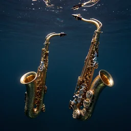 glittery saxophones floating underwater, clean, detailed, high contrast photo, Magnum photos