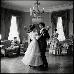 pinhole black and white photo of a victorian living room with costumed people dancing