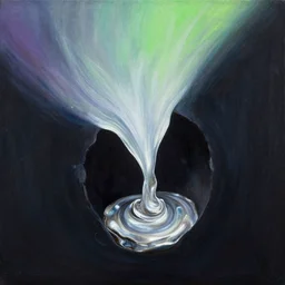 A bright thick silver liquid seeping through a dark hole, nacre painting by Grace Pailthorpe, paint-on-glass painting, pastel oil inks, very ethereal, dark, chiaroscuro, nacre, neon static, neon gradient