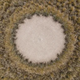 aerial directly overhead close up shot of a barren patch of ground in the badlands surrounded by tuft grass
