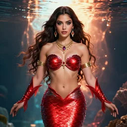 portrait of latina mermaid, sharp focus, octane render, ( ( red armor ) ), rpg, beautiful, flare, reflections, unreal engine, symmetrical!!, maybelline, sephora, artstation, art by artgerm, rossdraws, art by karol bak, makeup, ( ( jewelry ) ), ( ( hopeful ) )
