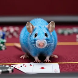 small blue mouse standing on a poker table (EOS 5DS R, ISO100, f/8, 1/125, 84mm, postprocessed, crisp face, facial features)