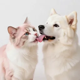 cat and dog licking each other, cute drawing, trending on Artstation, long tongue, (pink colors), trending on Twitter, trending on Instagram, very beautiful fur, perfect animal, photorealistic