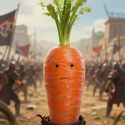 close up cinematic artwork of carrot top warrior paint staring down the enemy on the battlefield by greg rutkowski, 4 k, masterpiece