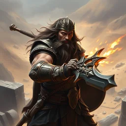 veteran warrior, man in ancient armour with, barbarian, conan the conqueror, powerful male character from warcraft, character portrait, dnd art, new hearthstone addon, trading card game art, perfectly shaded, extremely detailed, royal allure, volumetric lighting, 4 k, view from top, dynamic scene, fighting, striking with weapon, powerful strike, sharp focus, deserted landscape, ancient stone ruins