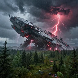 cinematic, panorama, massive detailed spaceship crashed overgrown vegetation, boreal forest, raining with red lightning, sharp focus, wideshot ultrawide angle epic scale, dynamic dramatic dark moody lighting, shadows, cinematic atmosphere, artstation, hyperrealistic 3 d digital art, octane render, 8 k 4 k uhd image