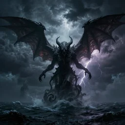 cthulhu rising above the ocean and spreading its demonic wings, ominous, dark clouds, storm, lightning seen on the background, lovecraft