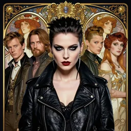 portrait of a beautiful cyberpunk punk rock woman wearing a leather jacket, beautiful symmetrical face, fantasy, regal, by stanley artgerm lau, greg rutkowski, thomas kindkade, alphonse mucha, loish, norman rockwell.