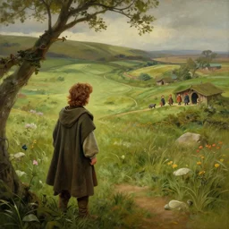 frodo returning to bag end at the end of his journey, hobbiton, hobbits visible in the distance, by alan lee, michal karcz, smooth details, lord of the rings, game of thrones, smooth, detailed terrain, oil painting, trending artstation, concept art, fantasy matte painting