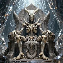 hyper realistic photography of intricate symmetric strange alien bone god sitting on ruined ornamented rock throne in a crystal cave detailed, greg rutkowski, mignola, moebius, artstation, cgsociety