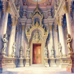 a hiper intricate watercolor of a beatiful temple enterieur with sculptures, extremely detailed, sharp focus, elegant, wide view, smooth, digital illustration, colorfull, by william turner art, by greg rutowski