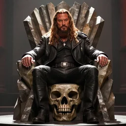 establishing shot of jason momoa as lobo from dc comics sitting on an angular skull throne