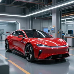 photo of kama russian electrocar, 3 d, inside futuristic car plant, red car, advanced cybernetics, visualisation industrial design trending on artstation, sharp focus, ultra realistic, ultra high pixel detail, cinematic, intricate, cinematic light, unreal engine 8 k, volumetric lighting,