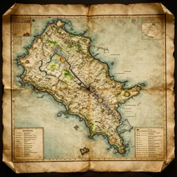 scan of an old torn treasure map, pirates treasure map, high detail, high res, hyperrealistic