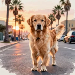 golden retriever dog walking in tel aviv street looking at the camera. palm trees. realistic. sunset. high quality. digital art. watercolor. highly detailed. drawing. art. colorful. fluffy art by albert bierstadt
