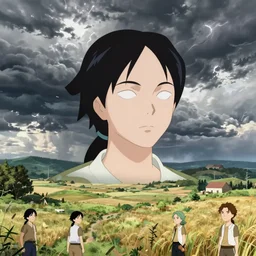 portrait of Ruby rose of RWBY, countryside, calm, fantasy character portrait, dynamic pose, above view, sunny day, thunder clouds in the sky, artwork by Jeremy Lipkin and Giuseppe Dangelico Pino and Michael Garmash and Rob Rey, very coherent asymmetrical artwork, sharp edges, perfect face, simple form, 100mm
