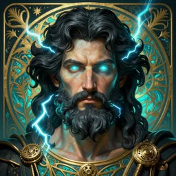 the god zeus, portrait, wavy black hair, bushy beard, glowing eyes, electricity, volumetric lights, cyan and gold scheme, art nouveau botanicals, gothic, intricate, highly detailed, digital painting, artstation, concept art, smooth, sharp focus, symmetric face, illustration, steampunk, art by artgerm and greg rutkowski and alphonse mucha