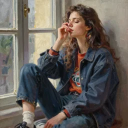 A ultradetailed beautiful panting of a stylish woman sitting next to a window, she is wearing streetwear, Oil painting, by Ilya Kuvshinov, Greg Rutkowski and Makoto Shinkai