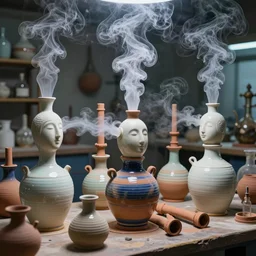an alchemical laboratory of vapour voices made from ceramic vessels, air flow, clay, no humans, clay pipes, 8 k, unreal, high resolution, vivid colours,