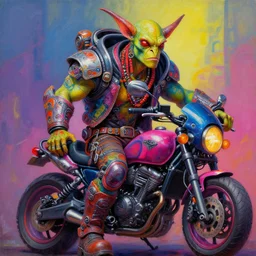 a portrait of a scifi post apocalyptic orc biker character design, psychedelic vibrant colors, futuristic punk rock fashion, oil painting by michael whelan art, sharp focus, hyper detailed, realistic, highly detailed, 8 k