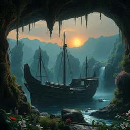 a rusty shipwreck at the bottom of a prehistoric jungle cave, lush flora, waterfall, mountains, flowers, vines, sunset, hazy, volumetric lighting, rtx on, washed out dark colors, an award - winning digital render, beautiful, stunning, ultradetailed, great composition