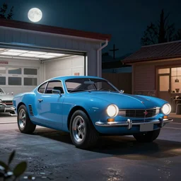 a cinematic keyframe matte painting of a sleek 1 9 7 0 s vaporwave concept vehicle retro - futurism sci - fi sky blue ford bronco designed by karmann ghia in an open garage in the colorado, view from the street. in the moonlight. by eric lafforgue, glennray tutor and edward hopper, greg rutkowski. trending on artstation.