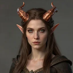 portrait of an elven woman with small copper horns, by greg rutkowski, trending on artstation, dungeon and dragons art