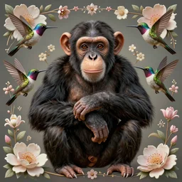 beautiful young female chimpanzee surrounded by hummingbirds and fine floral ornaments, eye - level medium - angle shot, intricate, floral background, by esao andrews, by m. w. kaluta, by yoshita amano, intricate, symmetrical, natural lighting, smooth, 3 d octane render, depth perception, 4 k,, artstation