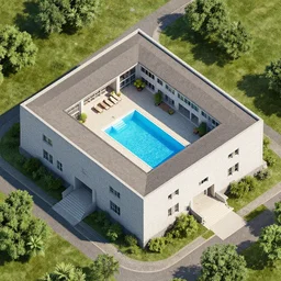 an aerial view of a building with a pool in the middle, a isometric 3 d render by filip hodas, cgsociety, photorealism, isometric, terragen, artstation hq