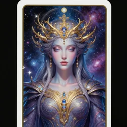 perfectly detailed goddess of galaxies tarot card!! blessed by the universe with ever - increasing physical mental perfection, symmetrical! intricate, sensual features, highly detailed, universeral divine perfection!! digital painting, artstation, concept art, smooth, sharp focus, illustration